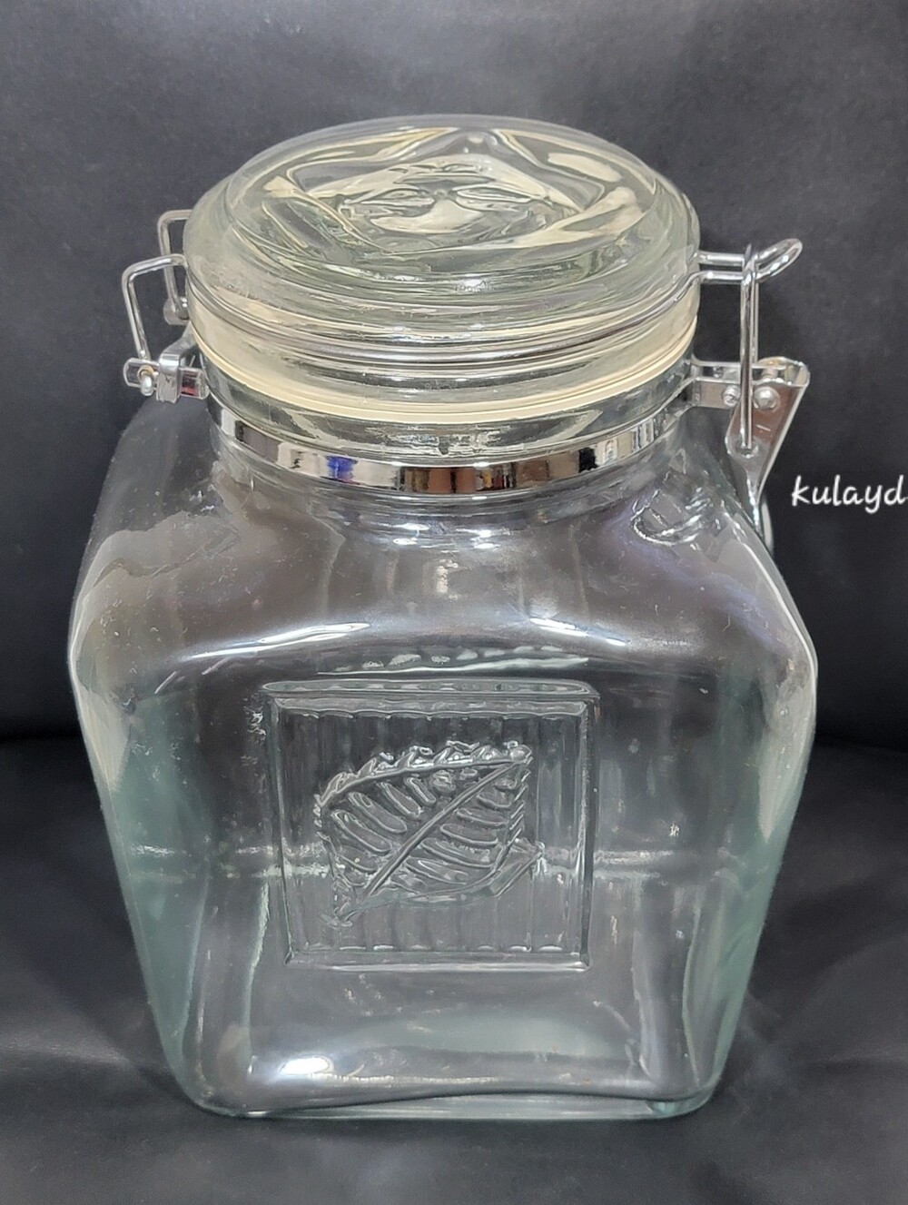 Vintage Large Glass Canister Embossed Leaf Hermetic Jar Hinged Bail Lid 8.75"H